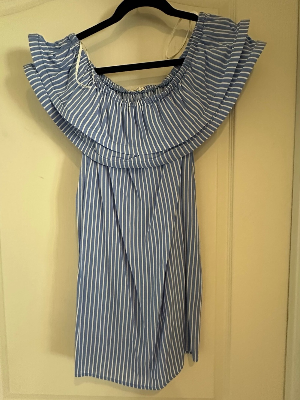 essue Blue and White Striped Off-Shoulder Ruffle Top